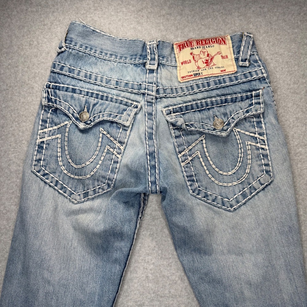 True Religion Super T Jeans Women 28 Blue Distressed Thick Stitch Flap Pocket